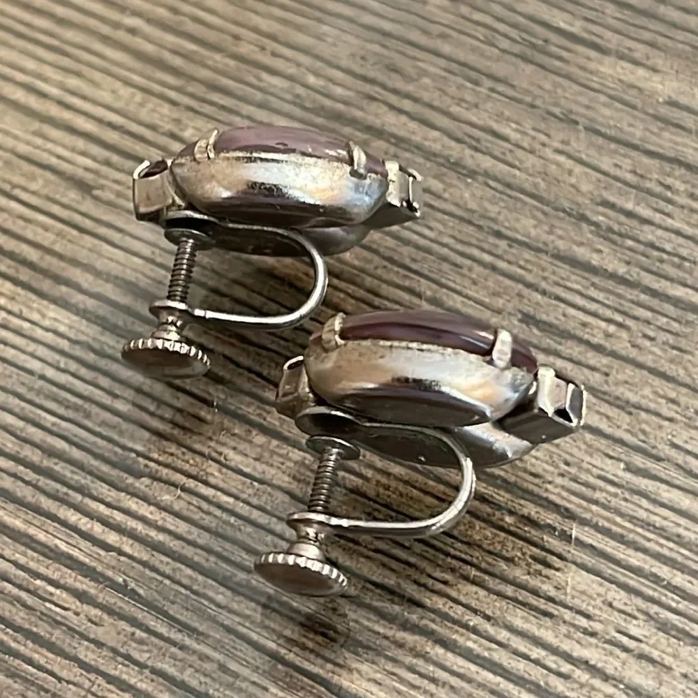 Vintage Clip Earrings Purple Cats Eye & Rhinestones